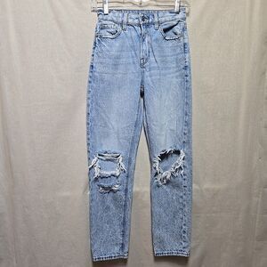 American Eagle Mom Jeans 00 Distressed Light Wash Straight Leg 27” Inseam